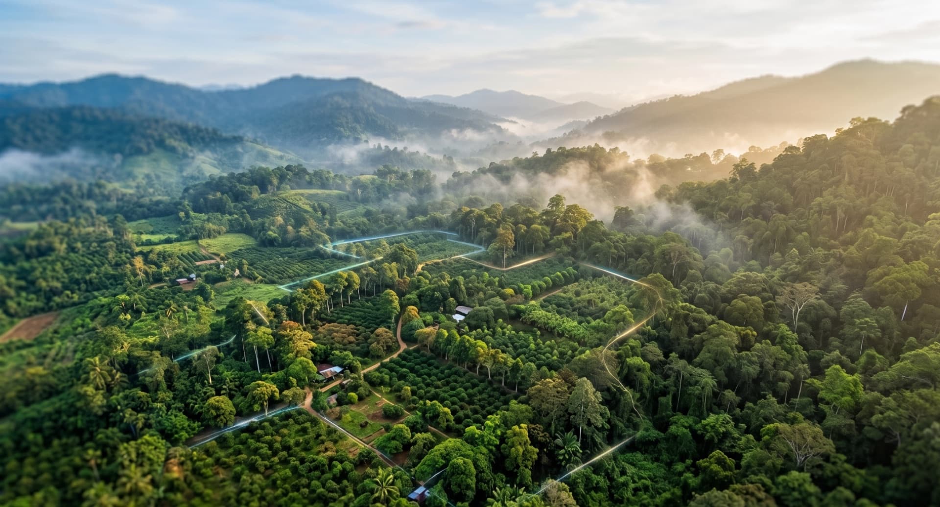 Vista aérea de paisaje agroforestal tropical con parcelas trazadas por geolocalización satelital, representando la trazabilidad y diligencia debida bajo EUDR