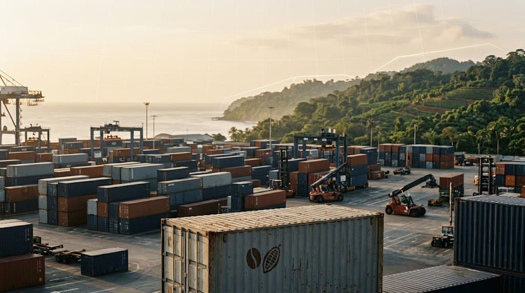 Puerto de contenedores al atardecer con un contenedor marcado con iconos de café y cacao y, al fondo, una ladera tropical con cultivos junto al mar: el EUDR y la trazabilidad que viaja con la mercancía a todos los mercados