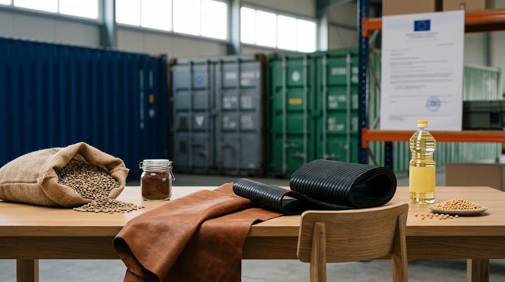 Mesa de inspección aduanera con café en grano y soluble, cuero de bovino, una correa de caucho, aceite de palma, soja y una silla de madera, con contenedores y un documento de la UE al fondo — Reglamento Delegado (UE) 2026/2102 y el Anexo I del EUDR