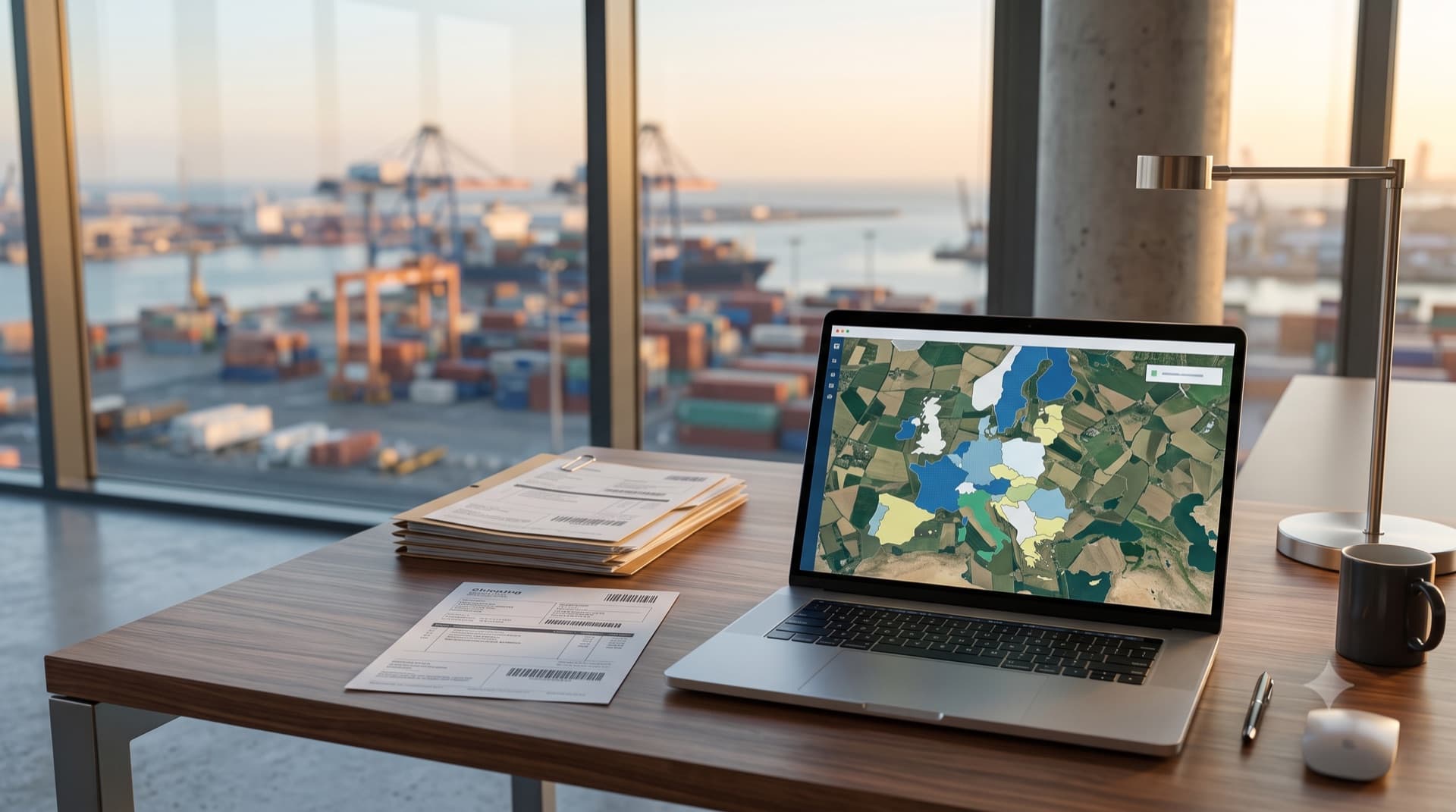 Laptop on an office desk showing a map of European farmland plots, with a container port at golden hour in the background — EUDR Information System and filing due diligence statements in TRACES