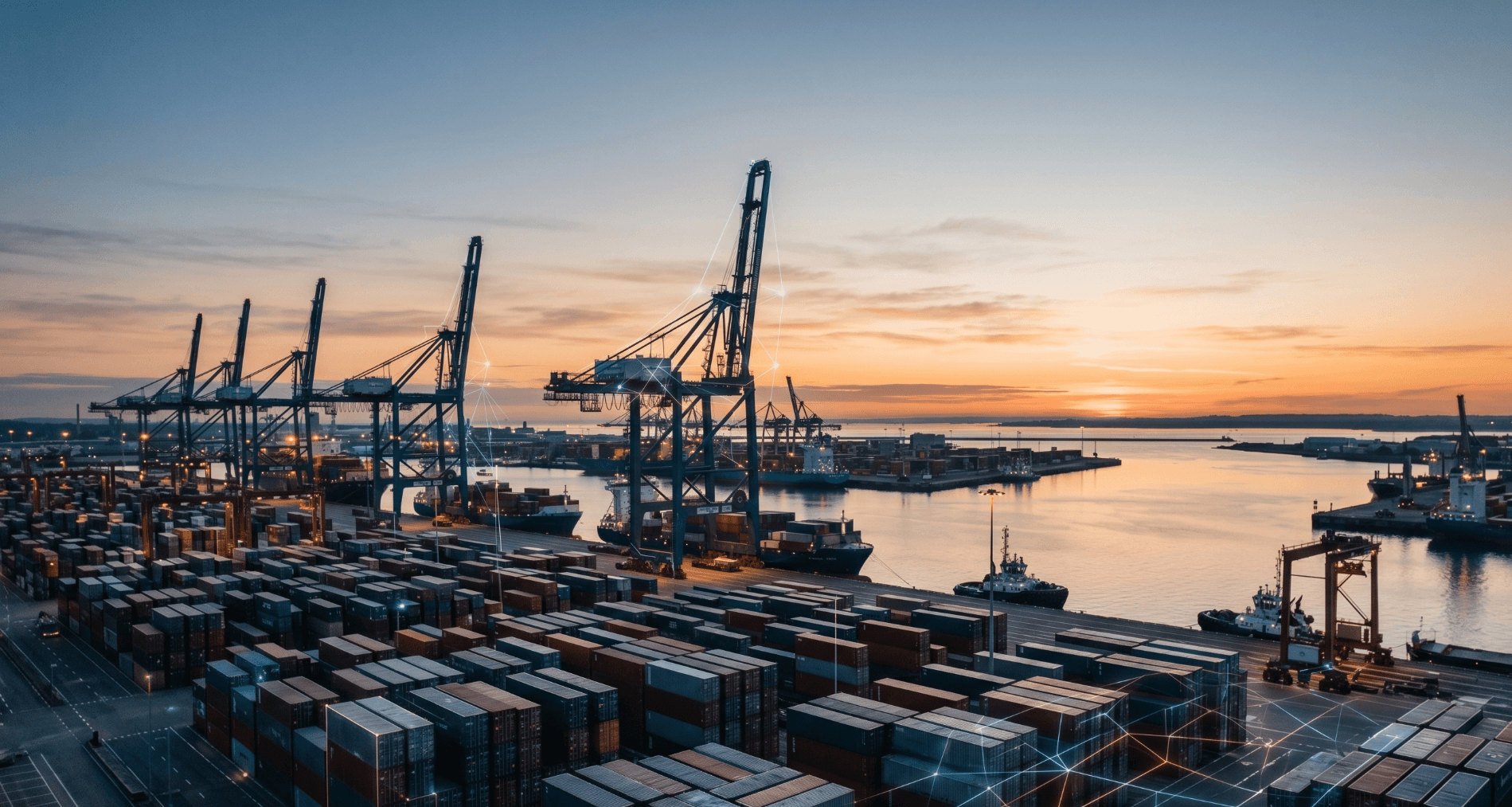 Vista aérea de puerto europeo al atardecer con contenedores marítimos, grúas pórtico y red de trazabilidad digital — bloqueo aduanero y obligaciones EUDR para operadores e importadores europeos
