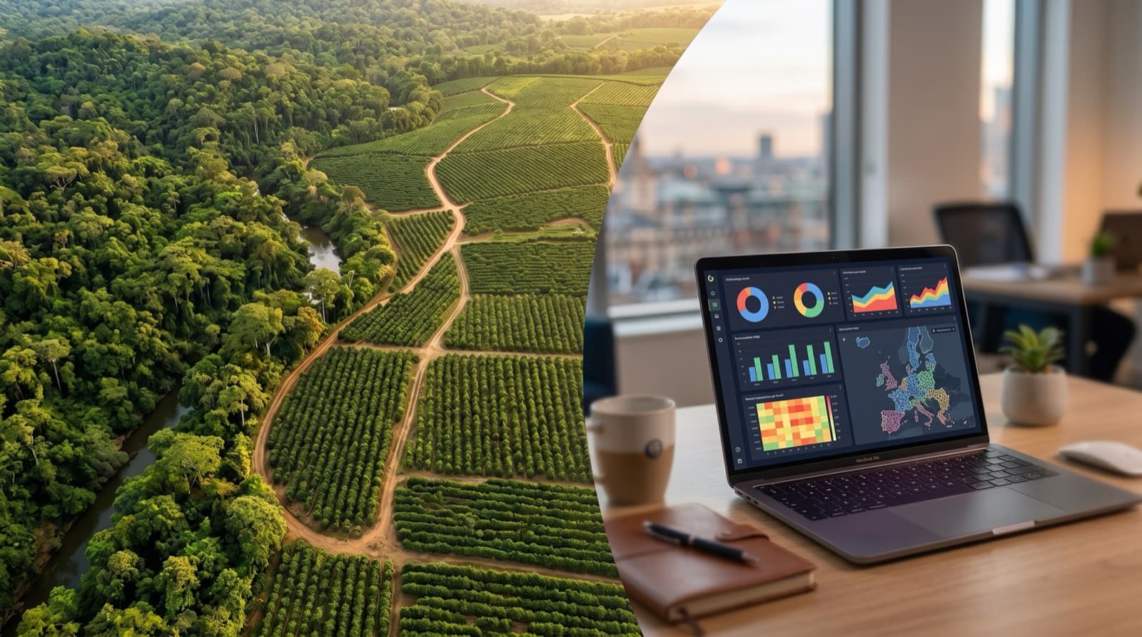 Vista aérea de un bosque tropical junto a parcelas de café y un portátil con paneles de datos y un mapa de Europa — costes y plazos de cumplimiento del EUDR