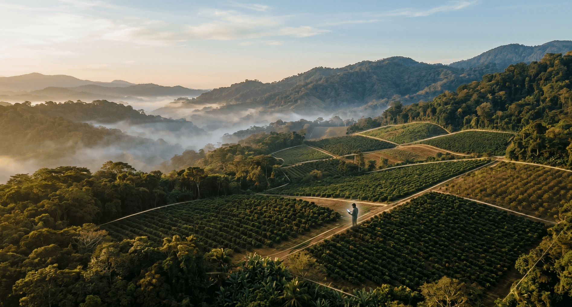 Vista aérea de fincas de café en valle tropical con productor capturando geolocalización con tablet — trazabilidad EUDR para exportadores extra-UE